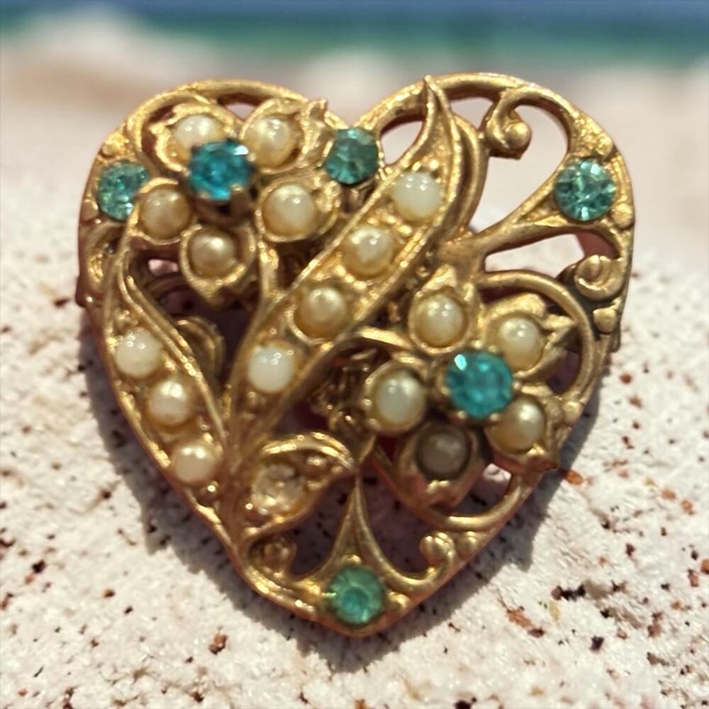 Antique Heart Brooch Aqua Rhinestone Faux Pearl Filigree Romantic Pin